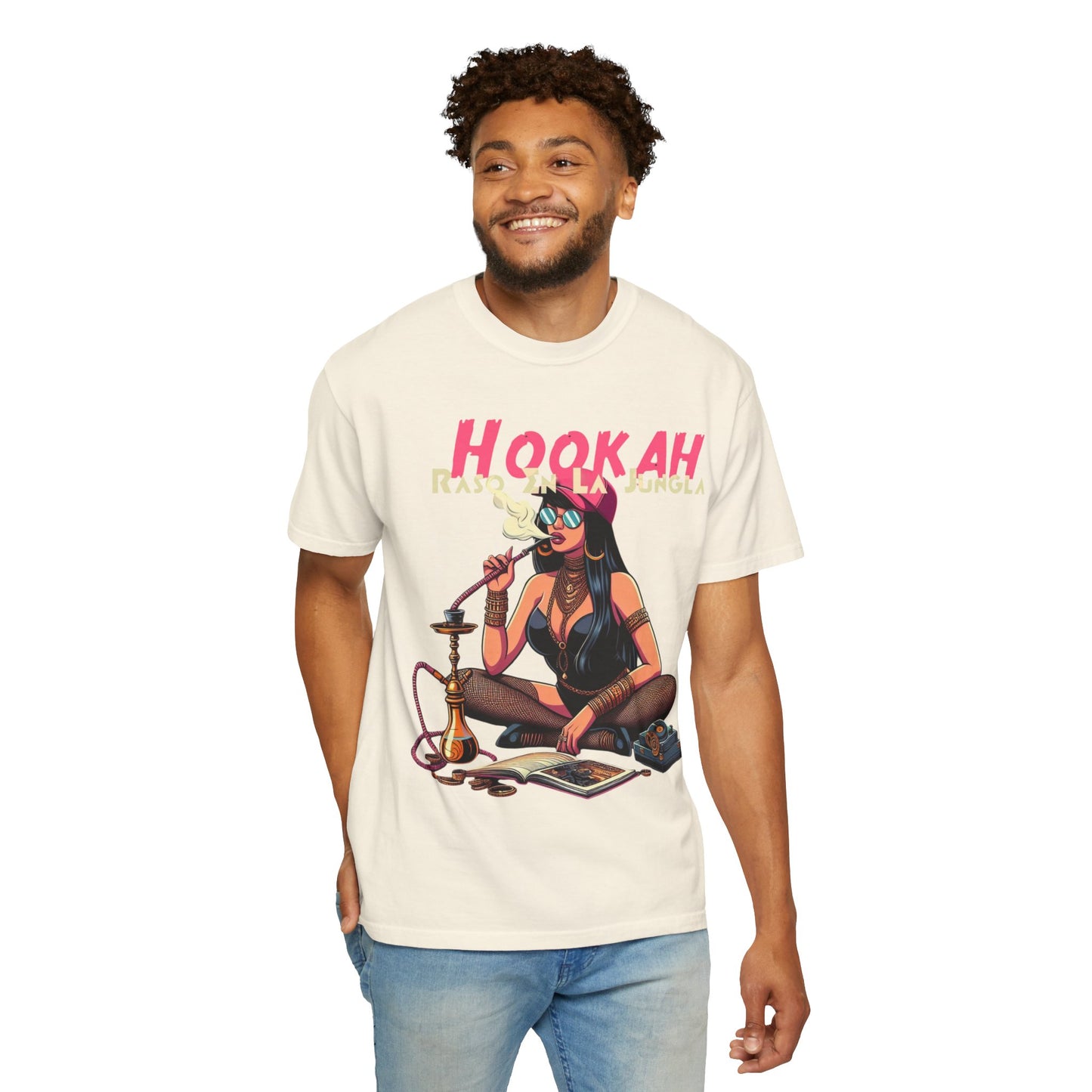Raso En La Jungla Hookah Vibes Unisex Garment-Dyed T-Shirt, Music Lovers Tee, Chill Wear, Party Shirt, Unique Gift, Bohemian Style, Black Painscape Music Logo on back.