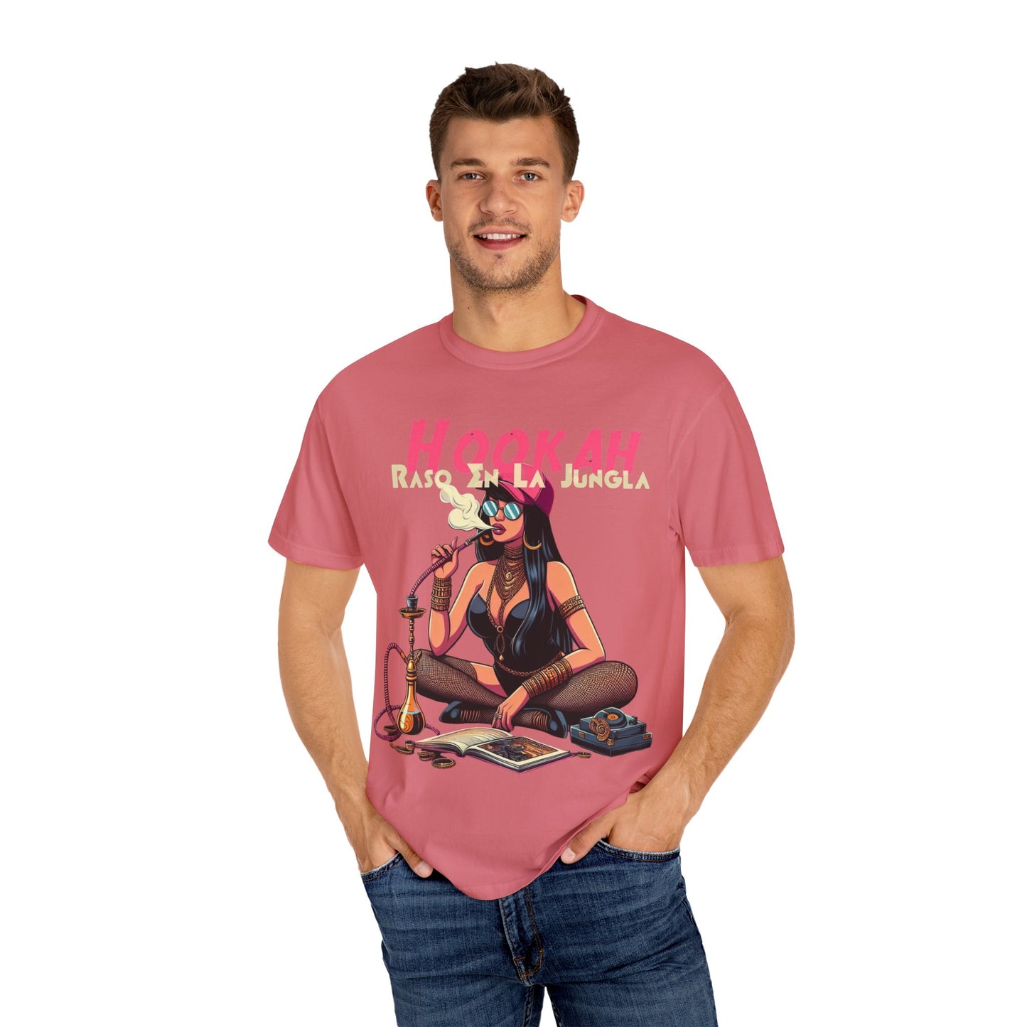 Raso En La Jungla Hookah Vibes Unisex Garment-Dyed T-Shirt, Music Lovers Tee, Chill Wear, Party Shirt, Unique Gift, Bohemian Style, Black Painscape Music Logo on back.