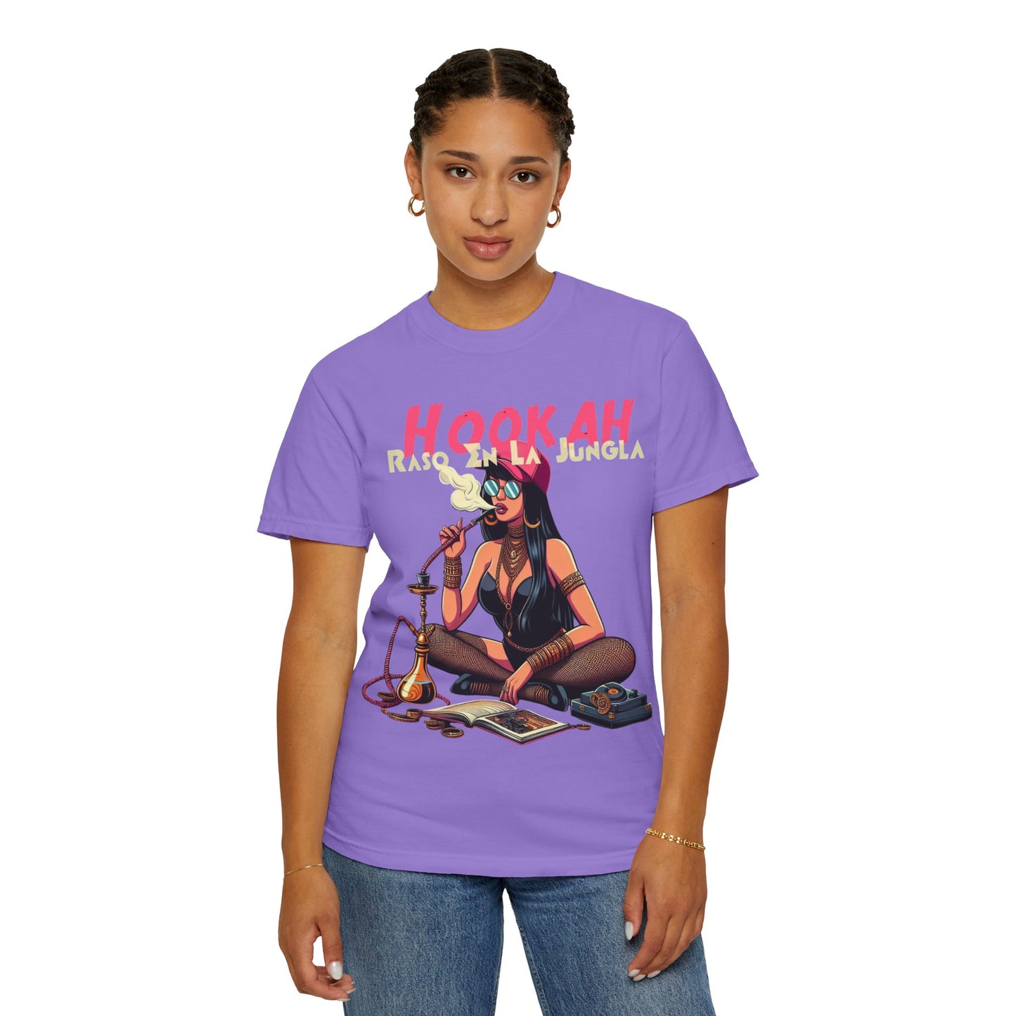 Raso En La Jungla Hookah Vibes Unisex Garment-Dyed T-Shirt, Music Lovers Tee, Chill Wear, Party Shirt, Unique Gift, Bohemian Style, Black Painscape Music Logo on back.