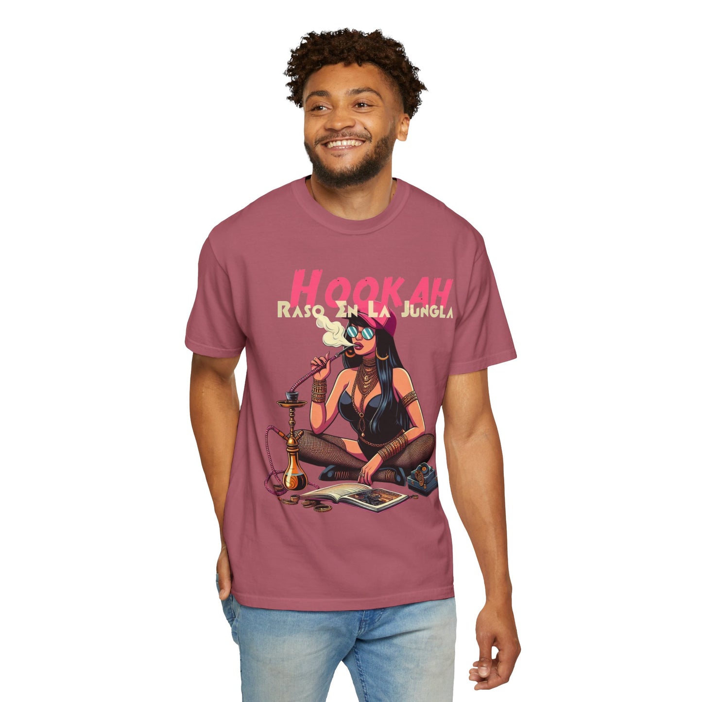 Raso En La Jungla Hookah Vibes Unisex Garment-Dyed T-Shirt, Music Lovers Tee, Chill Wear, Party Shirt, Unique Gift, Bohemian Style, Black Painscape Music Logo on back.