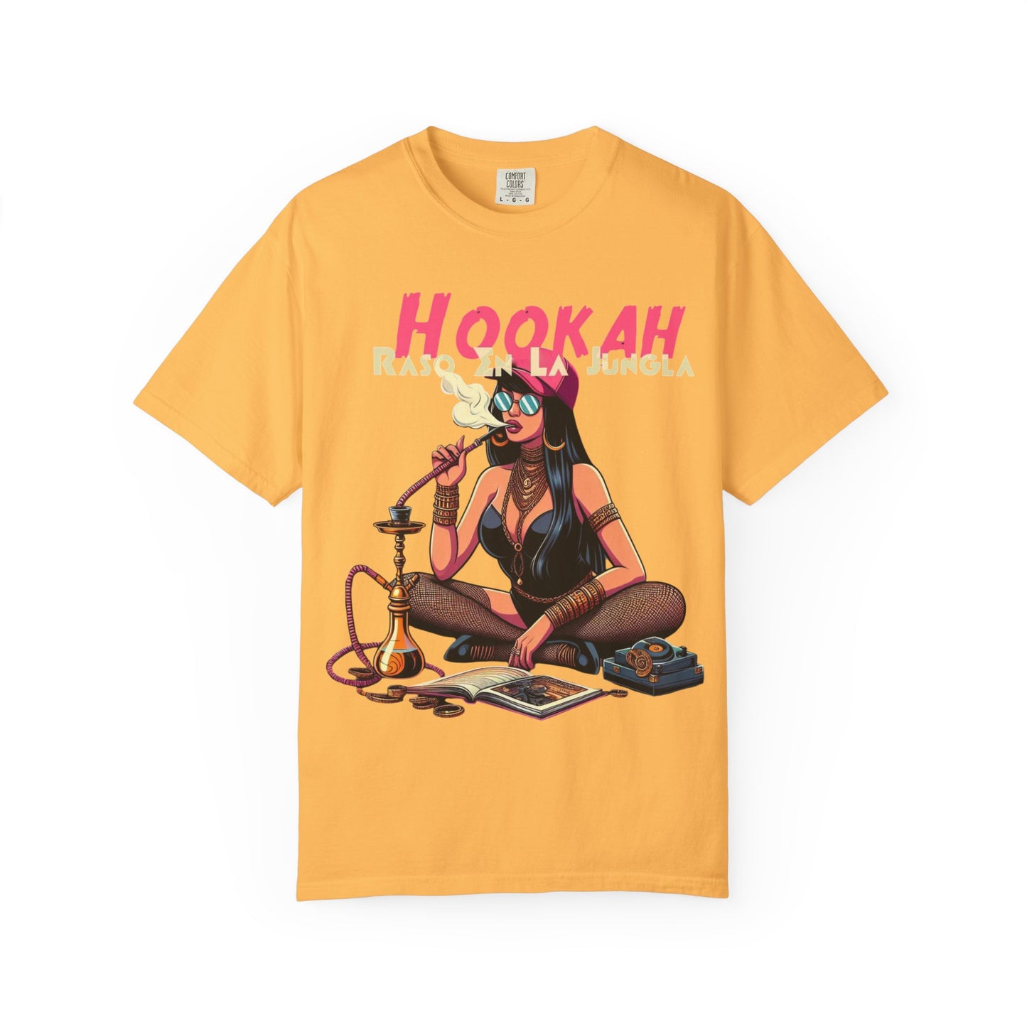 Raso En La Jungla Hookah Vibes Unisex Garment-Dyed T-Shirt, Music Lovers Tee, Chill Wear, Party Shirt, Unique Gift, Bohemian Style, Black Painscape Music Logo on back.