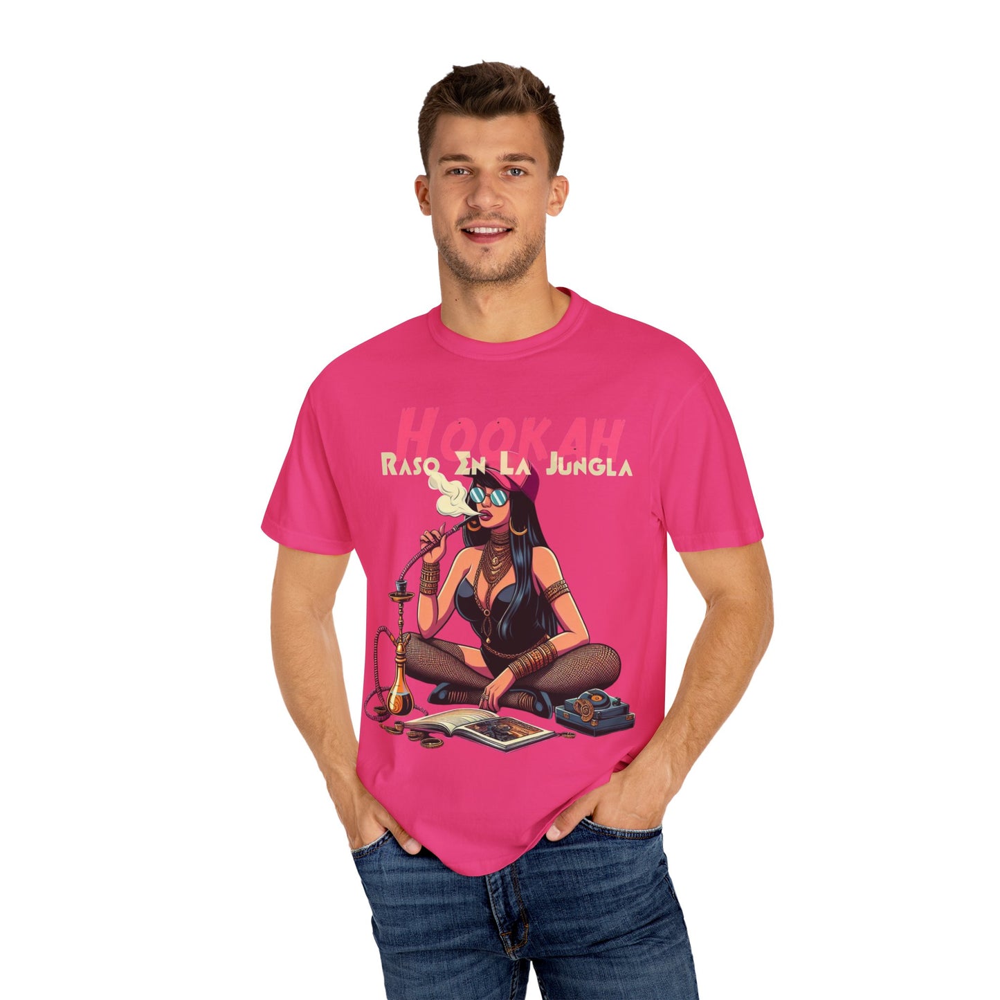 Raso En La Jungla Hookah Vibes Unisex Garment-Dyed T-Shirt, Music Lovers Tee, Chill Wear, Party Shirt, Unique Gift, Bohemian Style, Black Painscape Music Logo on back.