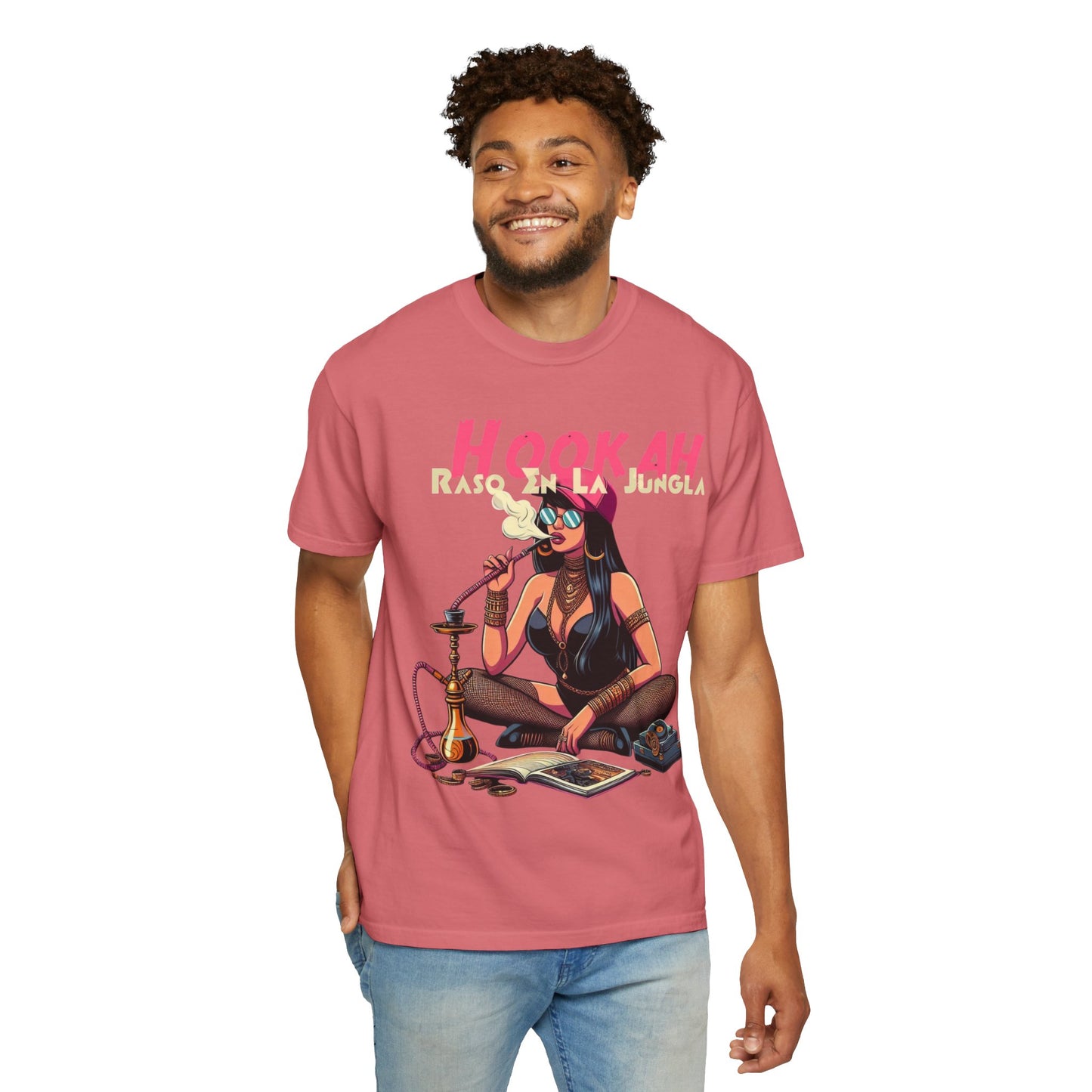 Raso En La Jungla Hookah Vibes Unisex Garment-Dyed T-Shirt, Music Lovers Tee, Chill Wear, Party Shirt, Unique Gift, Bohemian Style, Black Painscape Music Logo on back.