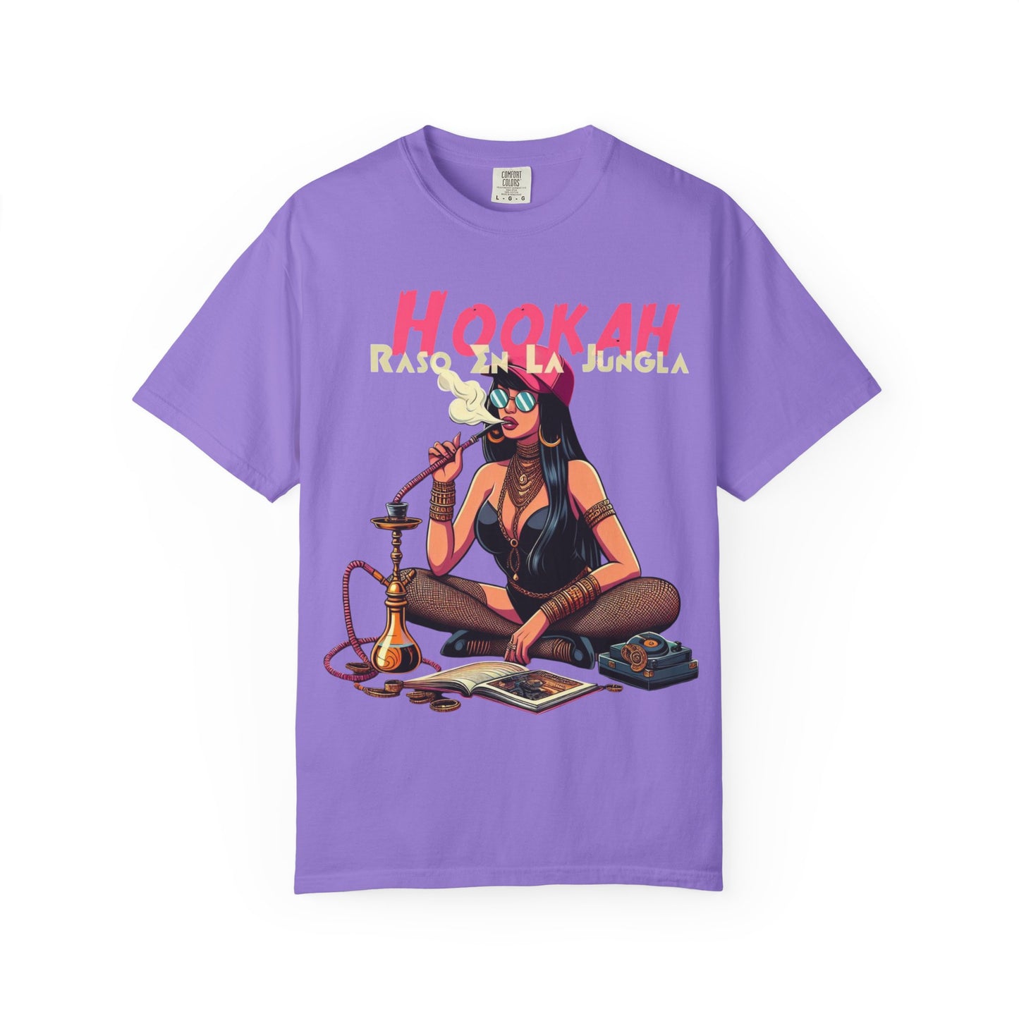 Raso En La Jungla Hookah Vibes Unisex Garment-Dyed T-Shirt, Music Lovers Tee, Chill Wear, Party Shirt, Unique Gift, Bohemian Style, Black Painscape Music Logo on back.