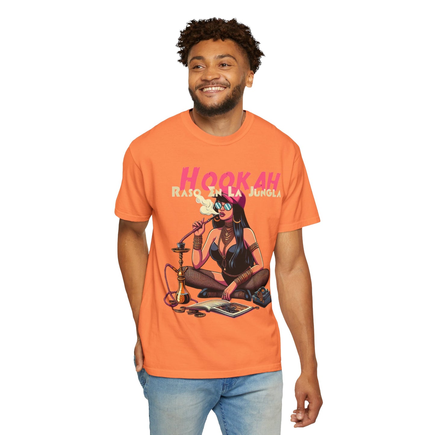 Raso En La Jungla Hookah Vibes Unisex Garment-Dyed T-Shirt, Music Lovers Tee, Chill Wear, Party Shirt, Unique Gift, Bohemian Style, Black Painscape Music Logo on back.