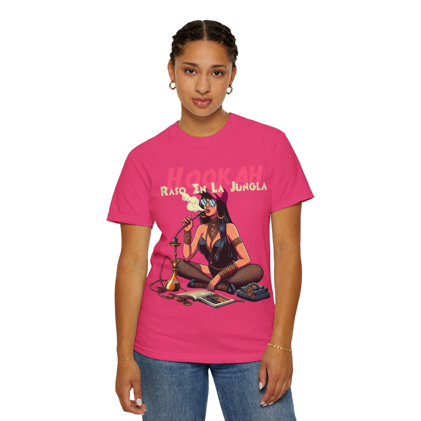 Raso En La Jungla Hookah Vibes Unisex Garment-Dyed T-Shirt, Music Lovers Tee, Chill Wear, Party Shirt, Unique Gift, Bohemian Style, Black Painscape Music Logo on back.