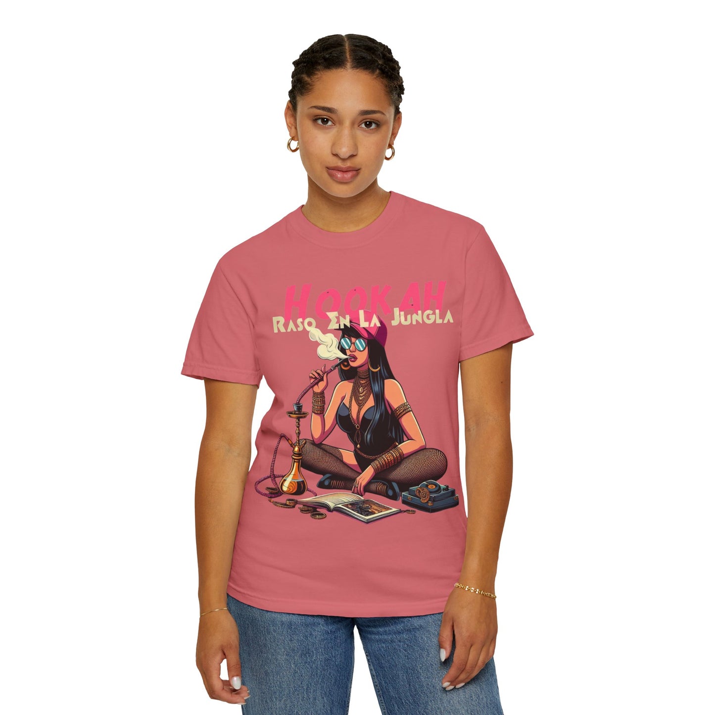 Raso En La Jungla Hookah Vibes Unisex Garment-Dyed T-Shirt, Music Lovers Tee, Chill Wear, Party Shirt, Unique Gift, Bohemian Style, Black Painscape Music Logo on back.