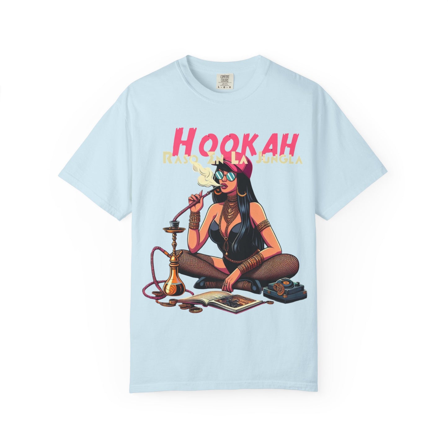 Raso En La Jungla Hookah Vibes Unisex Garment-Dyed T-Shirt, Music Lovers Tee, Chill Wear, Party Shirt, Unique Gift, Bohemian Style, Black Painscape Music Logo on back.