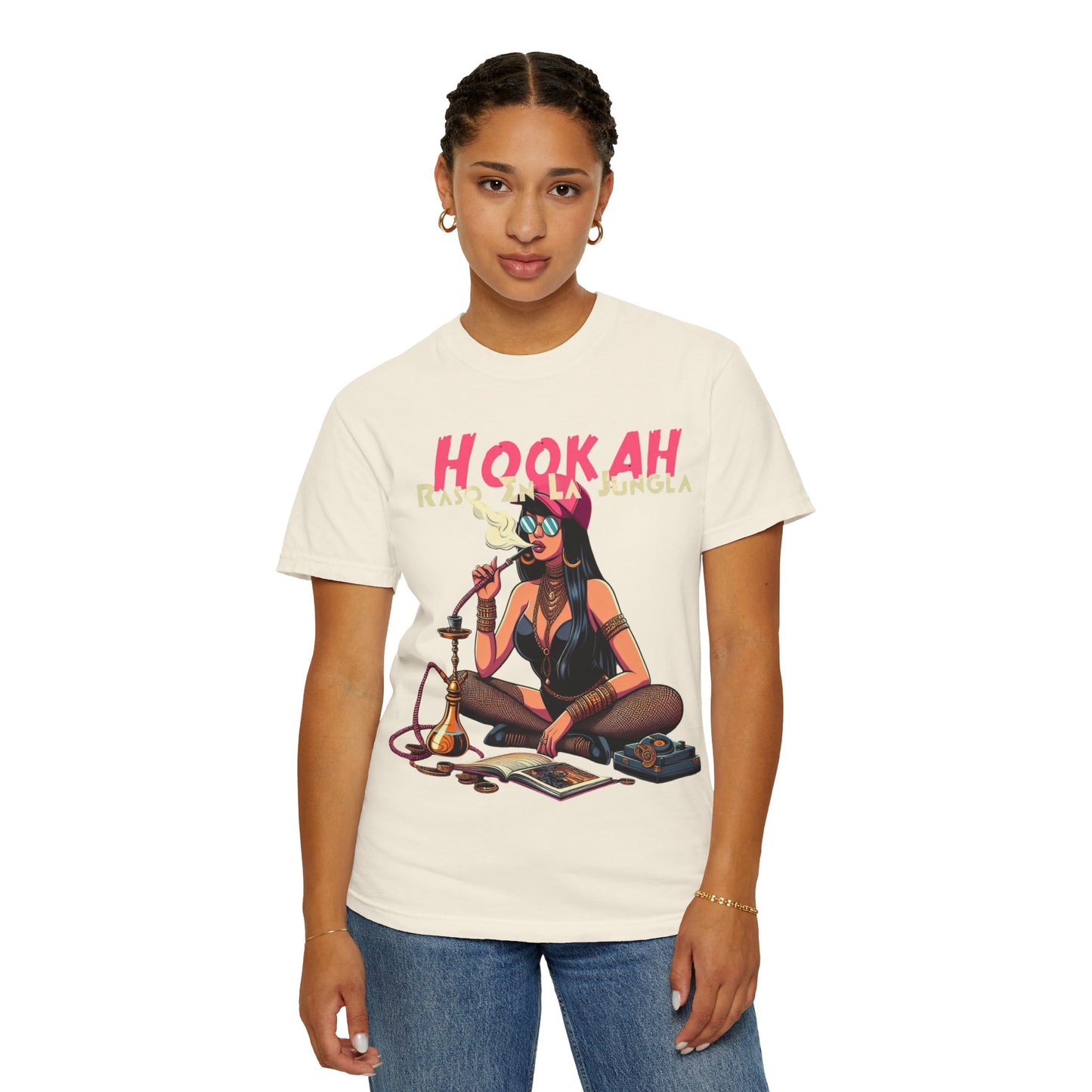 Raso En La Jungla Hookah Vibes Unisex Garment-Dyed T-Shirt, Music Lovers Tee, Chill Wear, Party Shirt, Unique Gift, Bohemian Style, Black Painscape Music Logo on back.