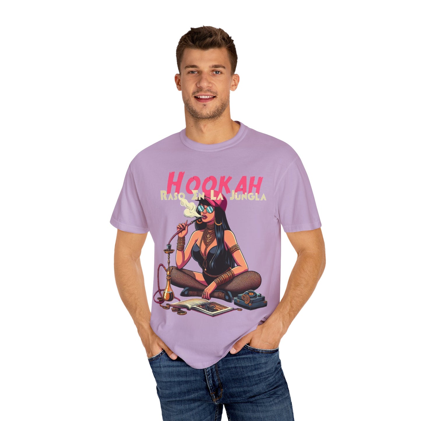 Raso En La Jungla Hookah Vibes Unisex Garment-Dyed T-Shirt, Music Lovers Tee, Chill Wear, Party Shirt, Unique Gift, Bohemian Style, Black Painscape Music Logo on back.