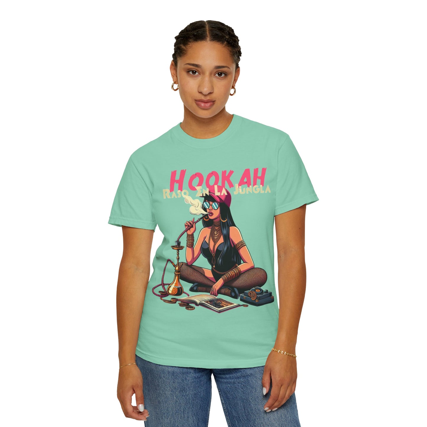 Raso En La Jungla Hookah Vibes Unisex Garment-Dyed T-Shirt, Music Lovers Tee, Chill Wear, Party Shirt, Unique Gift, Bohemian Style, Black Painscape Music Logo on back.