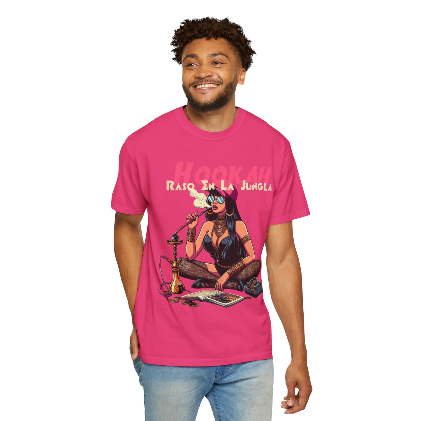 Raso En La Jungla Hookah Vibes Unisex Garment-Dyed T-Shirt, Music Lovers Tee, Chill Wear, Party Shirt, Unique Gift, Bohemian Style, Black Painscape Music Logo on back.