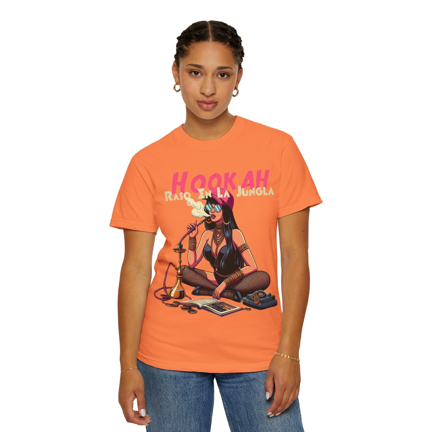 Raso En La Jungla Hookah Vibes Unisex Garment-Dyed T-Shirt, Music Lovers Tee, Chill Wear, Party Shirt, Unique Gift, Bohemian Style, Black Painscape Music Logo on back.