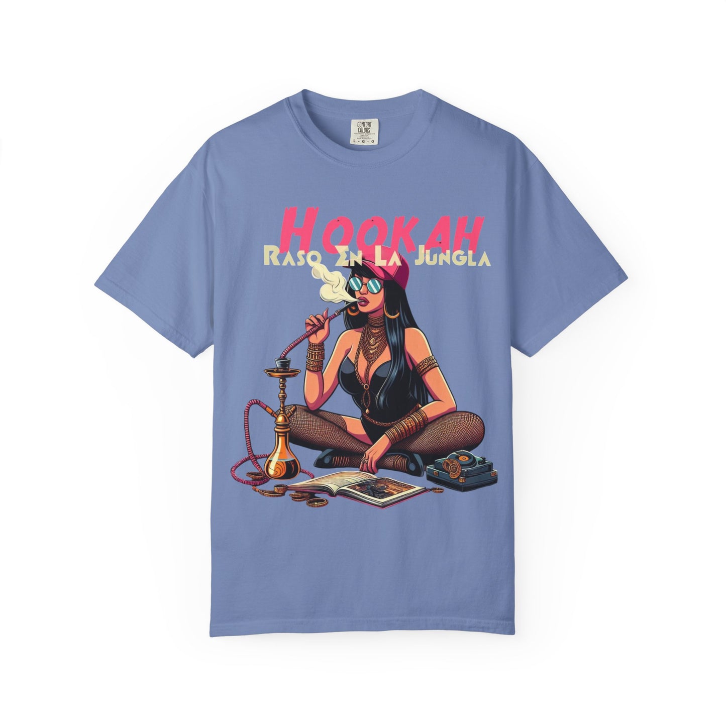 Raso En La Jungla Hookah Vibes Unisex Garment-Dyed T-Shirt, Music Lovers Tee, Chill Wear, Party Shirt, Unique Gift, Bohemian Style, Black Painscape Music Logo on back.