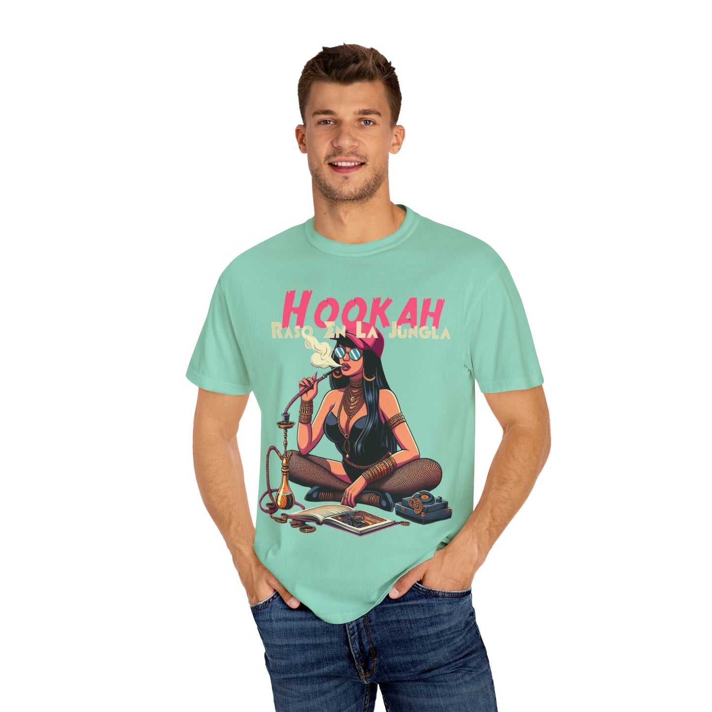 Raso En La Jungla Hookah Vibes Unisex Garment-Dyed T-Shirt, Music Lovers Tee, Chill Wear, Party Shirt, Unique Gift, Bohemian Style, Black Painscape Music Logo on back.