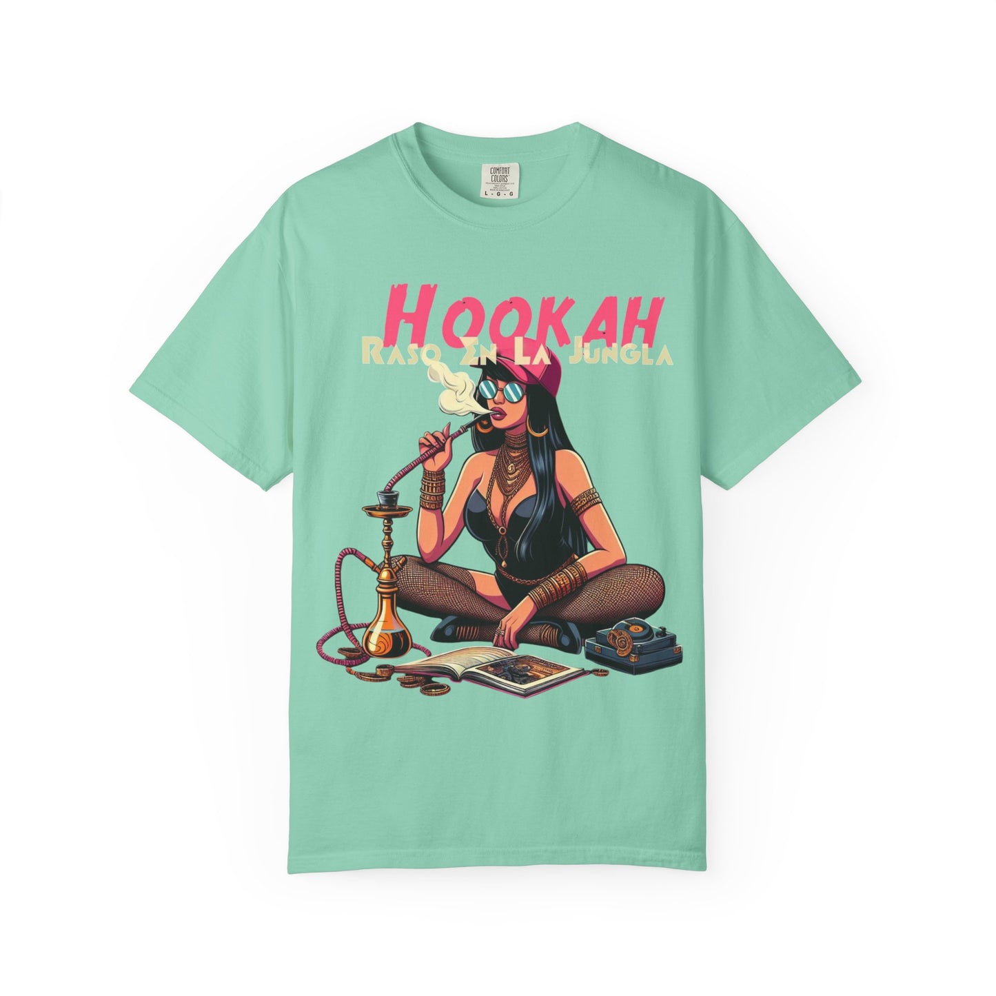 Raso En La Jungla Hookah Vibes Unisex Garment-Dyed T-Shirt, Music Lovers Tee, Chill Wear, Party Shirt, Unique Gift, Bohemian Style, Black Painscape Music Logo on back.