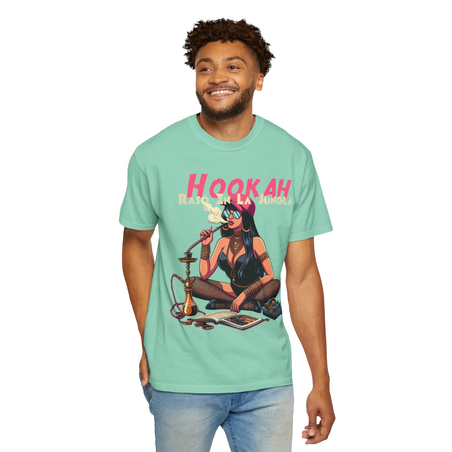 Raso En La Jungla Hookah Vibes Unisex Garment-Dyed T-Shirt, Music Lovers Tee, Chill Wear, Party Shirt, Unique Gift, Bohemian Style, Black Painscape Music Logo on back.