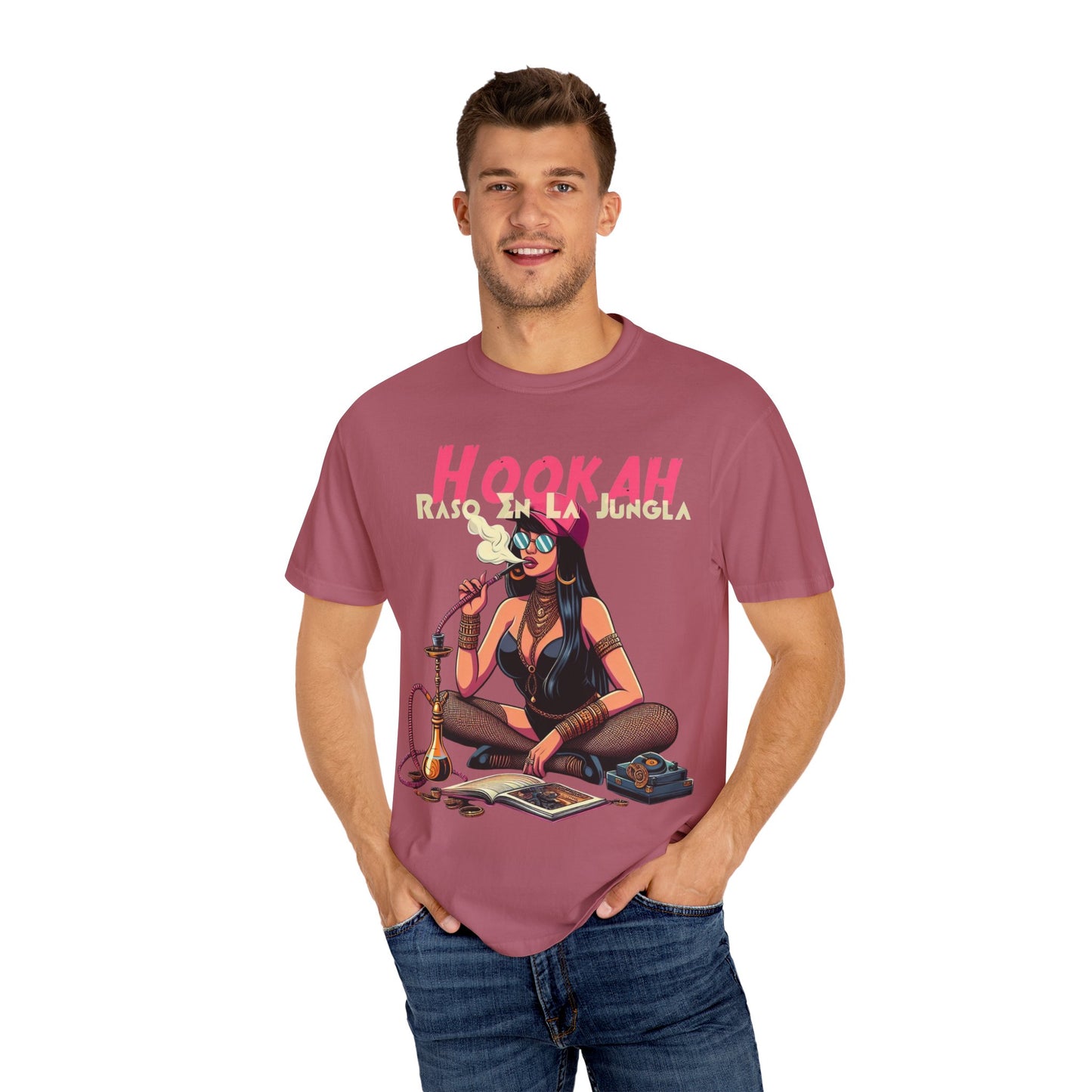 Raso En La Jungla Hookah Vibes Unisex Garment-Dyed T-Shirt, Music Lovers Tee, Chill Wear, Party Shirt, Unique Gift, Bohemian Style, Black Painscape Music Logo on back.