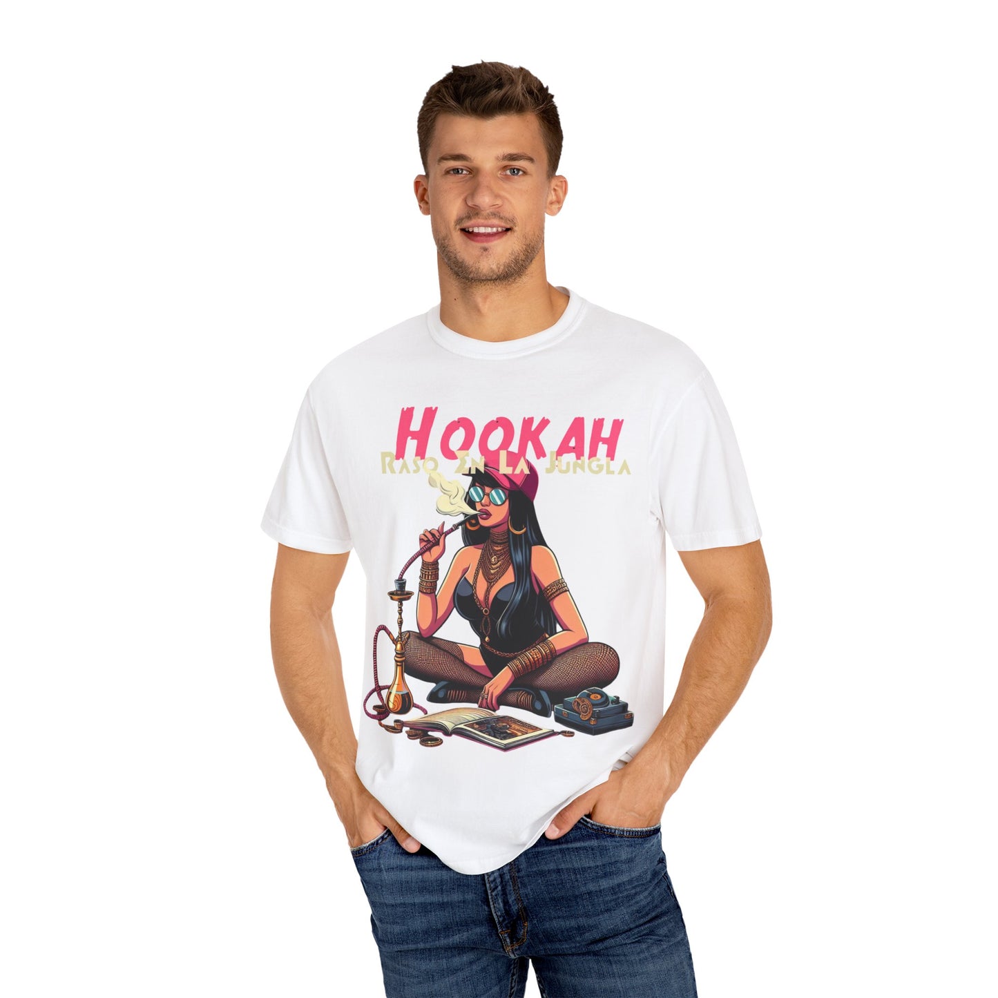 Raso En La Jungla Hookah Vibes Unisex Garment-Dyed T-Shirt, Music Lovers Tee, Chill Wear, Party Shirt, Unique Gift, Bohemian Style, Black Painscape Music Logo on back.