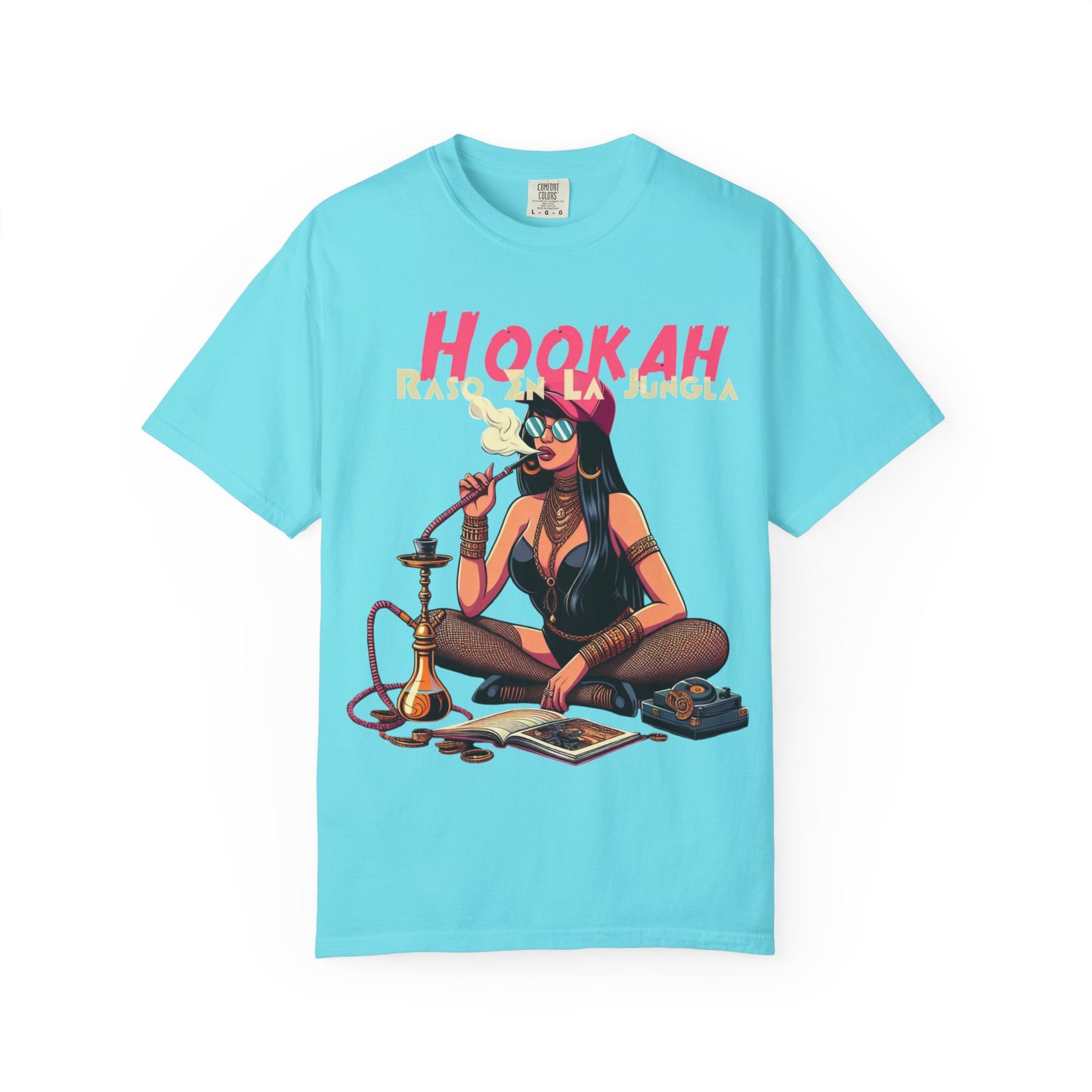 Raso En La Jungla Hookah Vibes Unisex Garment-Dyed T-Shirt, Music Lovers Tee, Chill Wear, Party Shirt, Unique Gift, Bohemian Style, Black Painscape Music Logo on back.