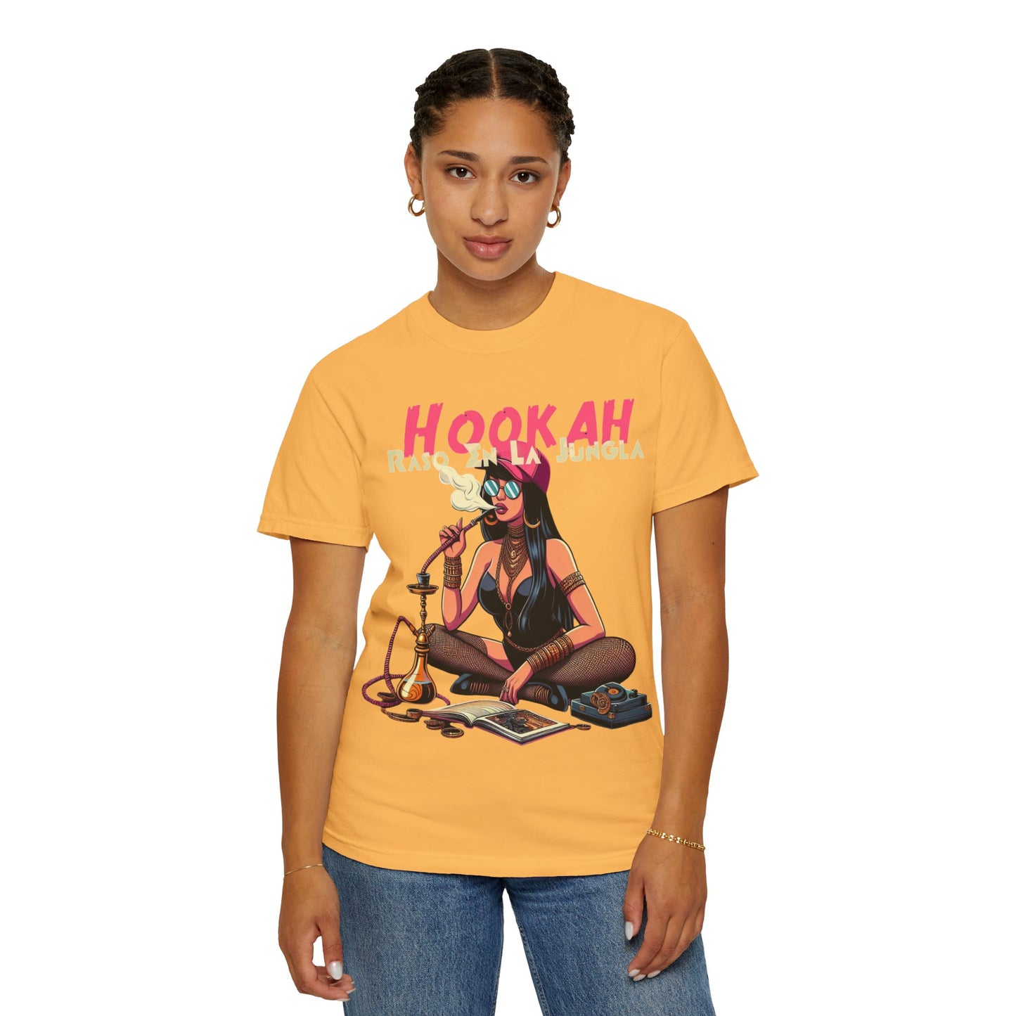 Raso En La Jungla Hookah Vibes Unisex Garment-Dyed T-Shirt, Music Lovers Tee, Chill Wear, Party Shirt, Unique Gift, Bohemian Style, Black Painscape Music Logo on back.