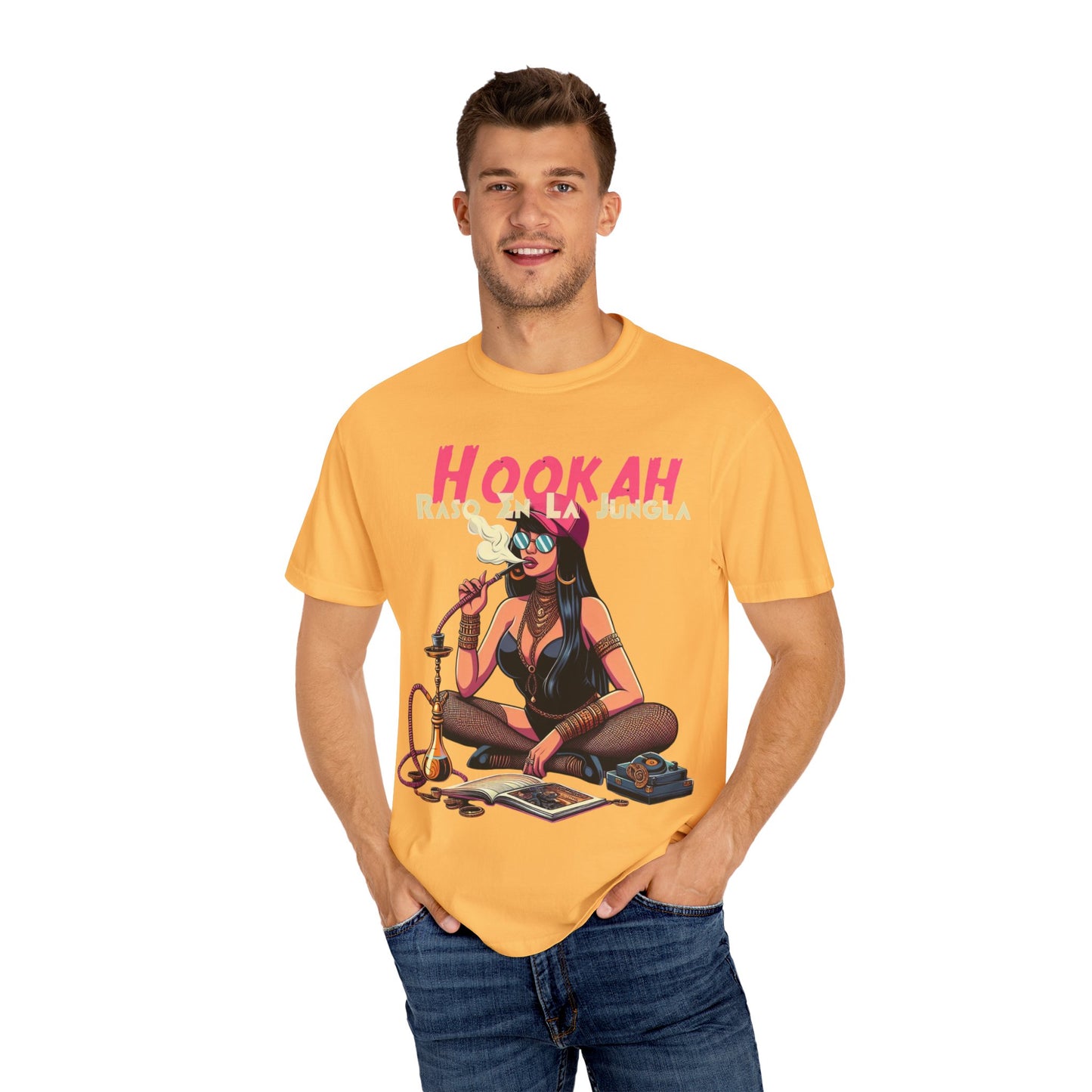 Raso En La Jungla Hookah Vibes Unisex Garment-Dyed T-Shirt, Music Lovers Tee, Chill Wear, Party Shirt, Unique Gift, Bohemian Style, Black Painscape Music Logo on back.