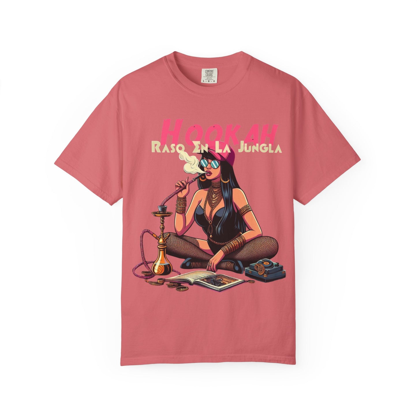 Raso En La Jungla Hookah Vibes Unisex Garment-Dyed T-Shirt, Music Lovers Tee, Chill Wear, Party Shirt, Unique Gift, Bohemian Style, Black Painscape Music Logo on back.