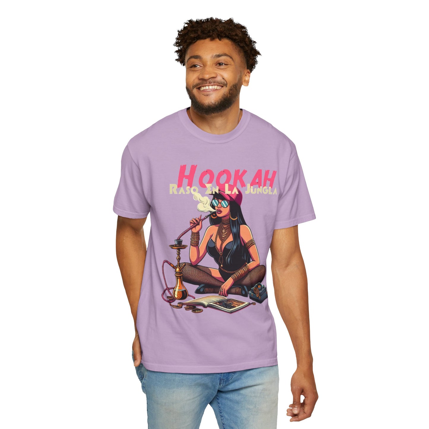 Raso En La Jungla Hookah Vibes Unisex Garment-Dyed T-Shirt, Music Lovers Tee, Chill Wear, Party Shirt, Unique Gift, Bohemian Style, Black Painscape Music Logo on back.