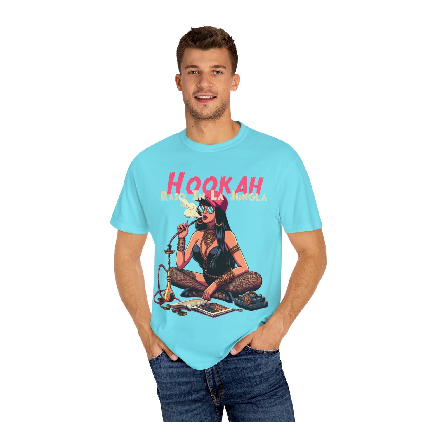 Raso En La Jungla Hookah Vibes Unisex Garment-Dyed T-Shirt, Music Lovers Tee, Chill Wear, Party Shirt, Unique Gift, Bohemian Style, Black Painscape Music Logo on back.