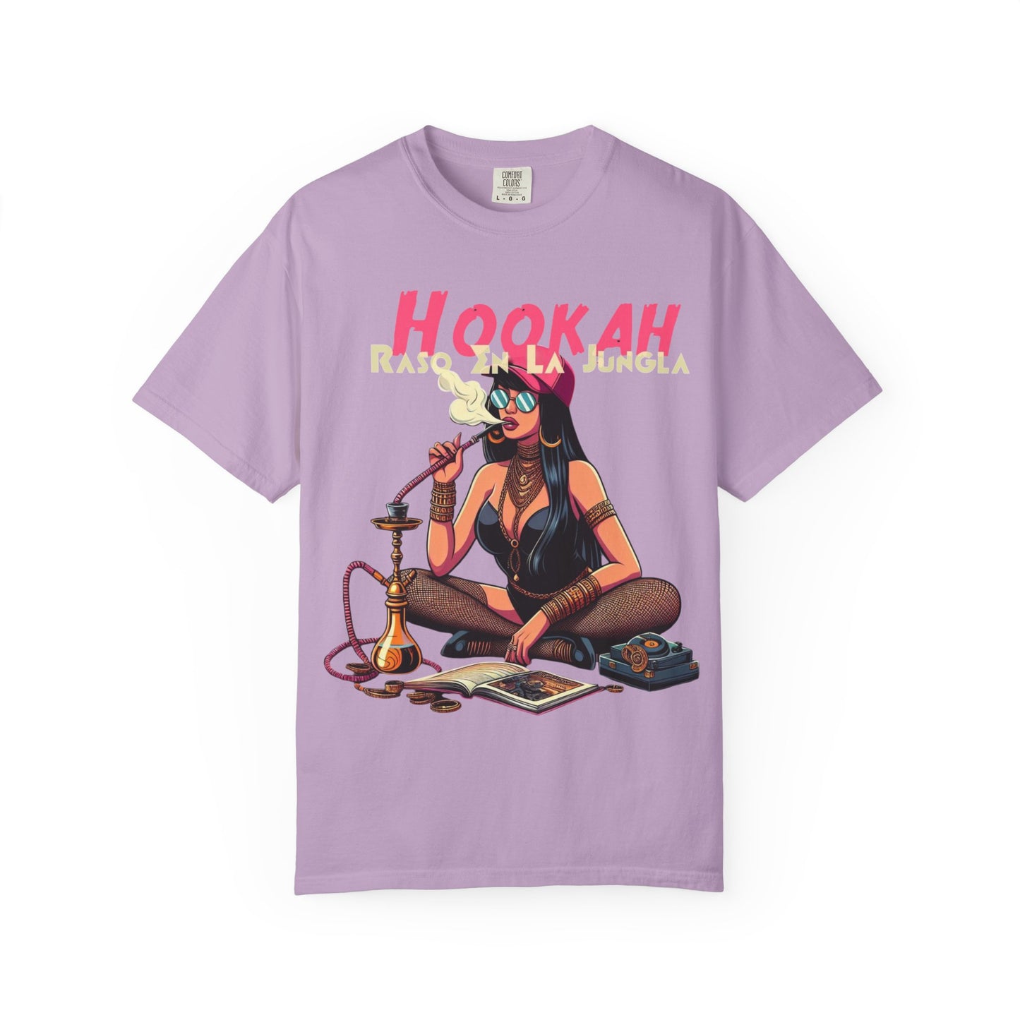 Raso En La Jungla Hookah Vibes Unisex Garment-Dyed T-Shirt, Music Lovers Tee, Chill Wear, Party Shirt, Unique Gift, Bohemian Style, Black Painscape Music Logo on back.