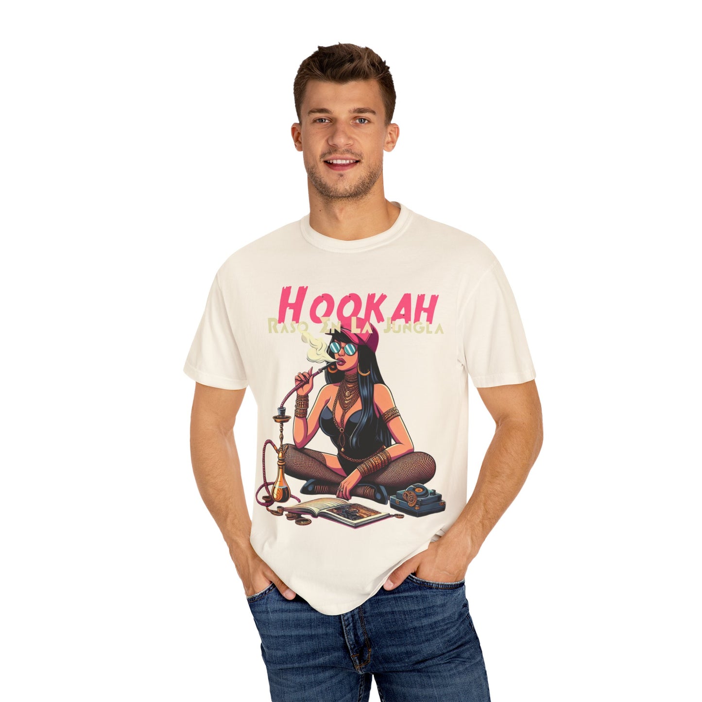 Raso En La Jungla Hookah Vibes Unisex Garment-Dyed T-Shirt, Music Lovers Tee, Chill Wear, Party Shirt, Unique Gift, Bohemian Style, Black Painscape Music Logo on back.