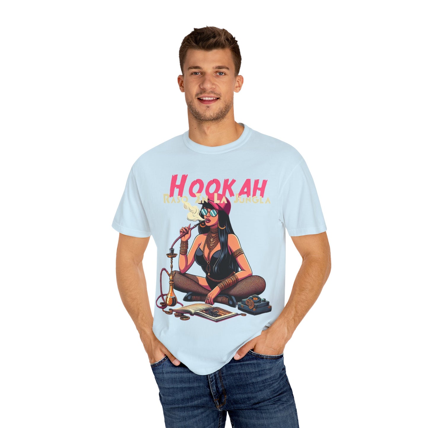 Raso En La Jungla Hookah Vibes Unisex Garment-Dyed T-Shirt, Music Lovers Tee, Chill Wear, Party Shirt, Unique Gift, Bohemian Style, Black Painscape Music Logo on back.