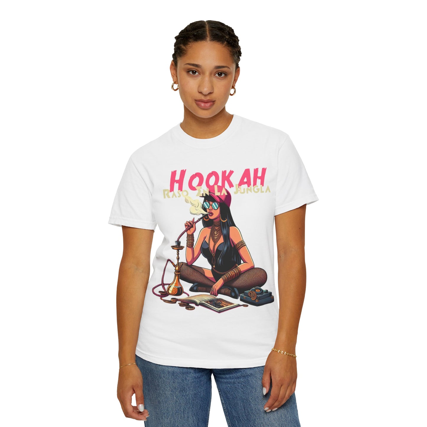 Raso En La Jungla Hookah Vibes Unisex Garment-Dyed T-Shirt, Music Lovers Tee, Chill Wear, Party Shirt, Unique Gift, Bohemian Style, Black Painscape Music Logo on back.