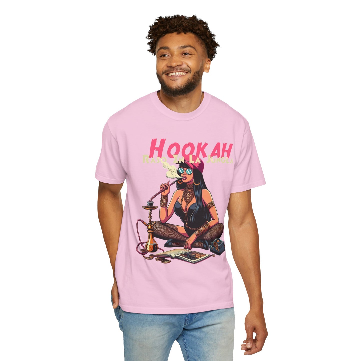 Raso En La Jungla Hookah Vibes Unisex Garment-Dyed T-Shirt, Music Lovers Tee, Chill Wear, Party Shirt, Unique Gift, Bohemian Style, Black Painscape Music Logo on back.