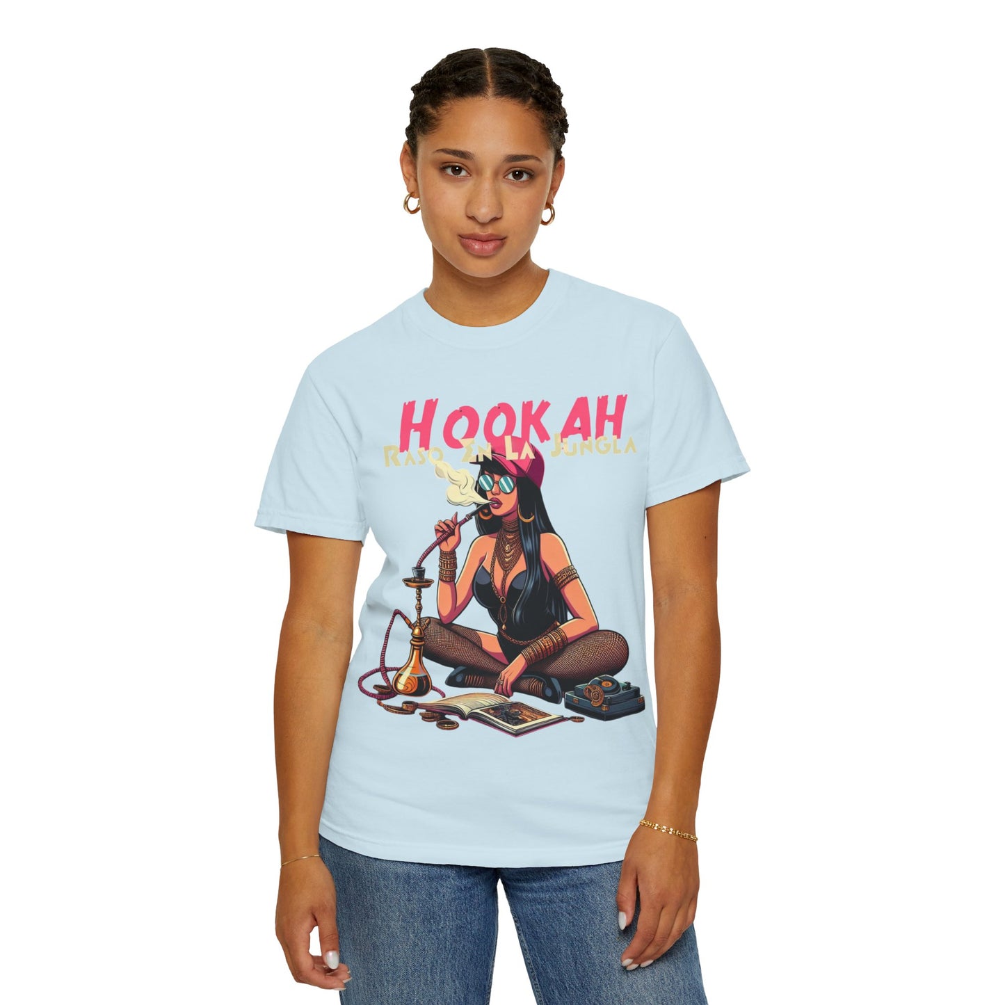 Raso En La Jungla Hookah Vibes Unisex Garment-Dyed T-Shirt, Music Lovers Tee, Chill Wear, Party Shirt, Unique Gift, Bohemian Style, Black Painscape Music Logo on back.