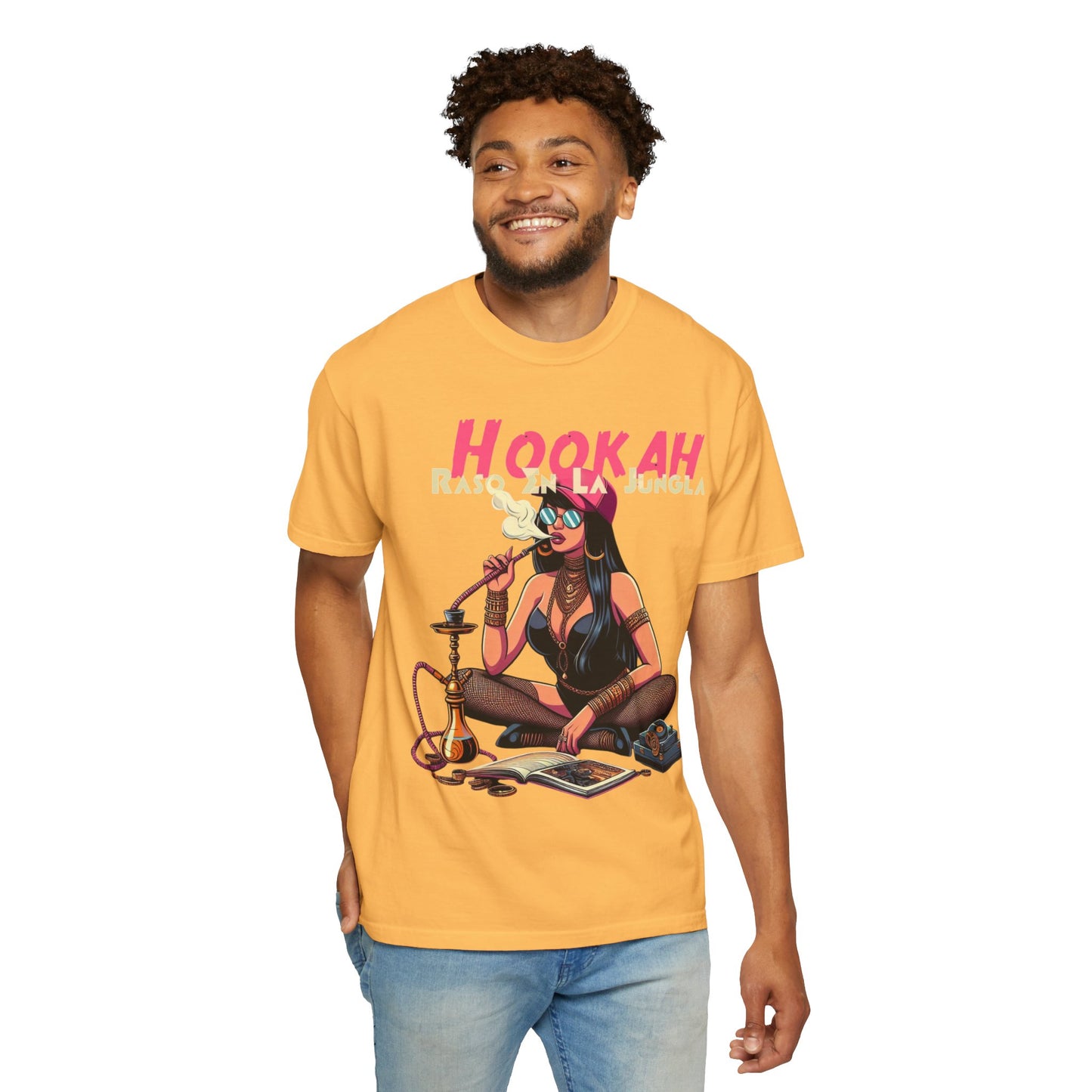 Raso En La Jungla Hookah Vibes Unisex Garment-Dyed T-Shirt, Music Lovers Tee, Chill Wear, Party Shirt, Unique Gift, Bohemian Style, Black Painscape Music Logo on back.