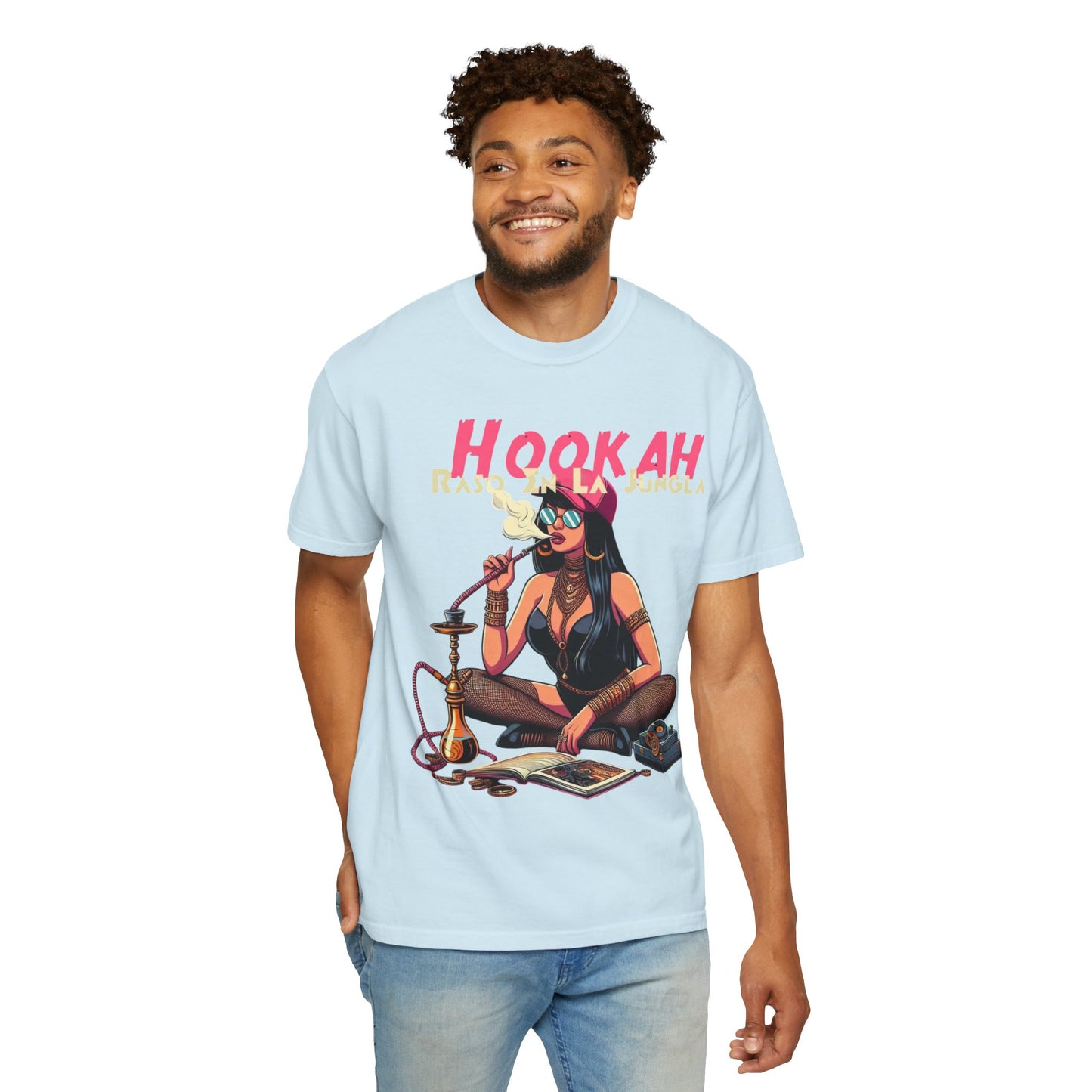 Raso En La Jungla Hookah Vibes Unisex Garment-Dyed T-Shirt, Music Lovers Tee, Chill Wear, Party Shirt, Unique Gift, Bohemian Style, Black Painscape Music Logo on back.