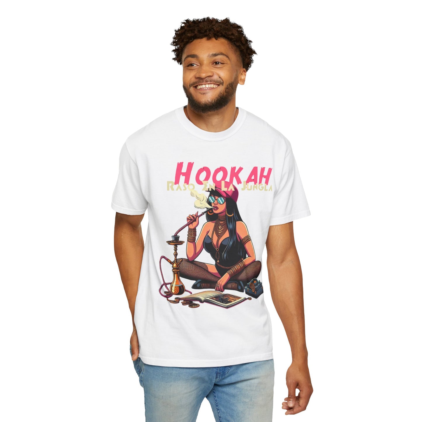 Raso En La Jungla Hookah Vibes Unisex Garment-Dyed T-Shirt, Music Lovers Tee, Chill Wear, Party Shirt, Unique Gift, Bohemian Style, Black Painscape Music Logo on back.