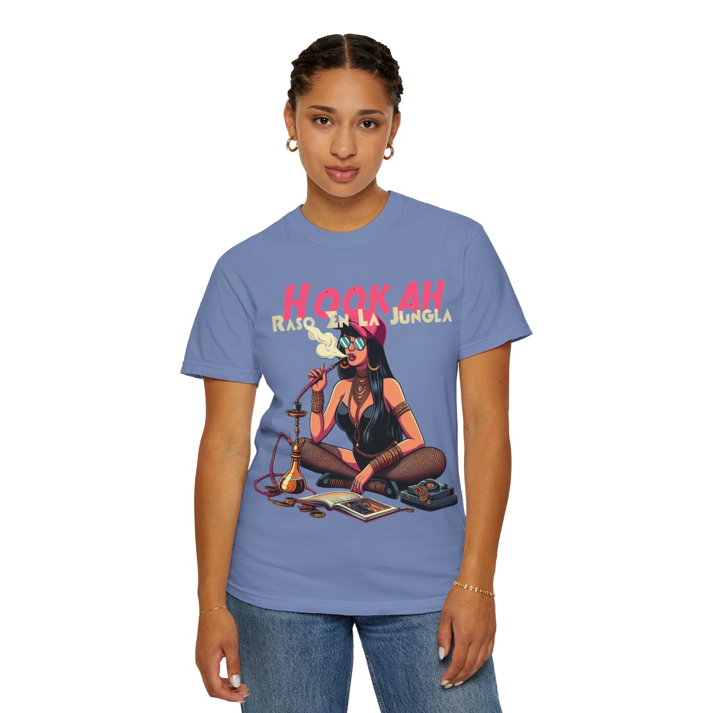 Raso En La Jungla Hookah Vibes Unisex Garment-Dyed T-Shirt, Music Lovers Tee, Chill Wear, Party Shirt, Unique Gift, Bohemian Style, Black Painscape Music Logo on back.