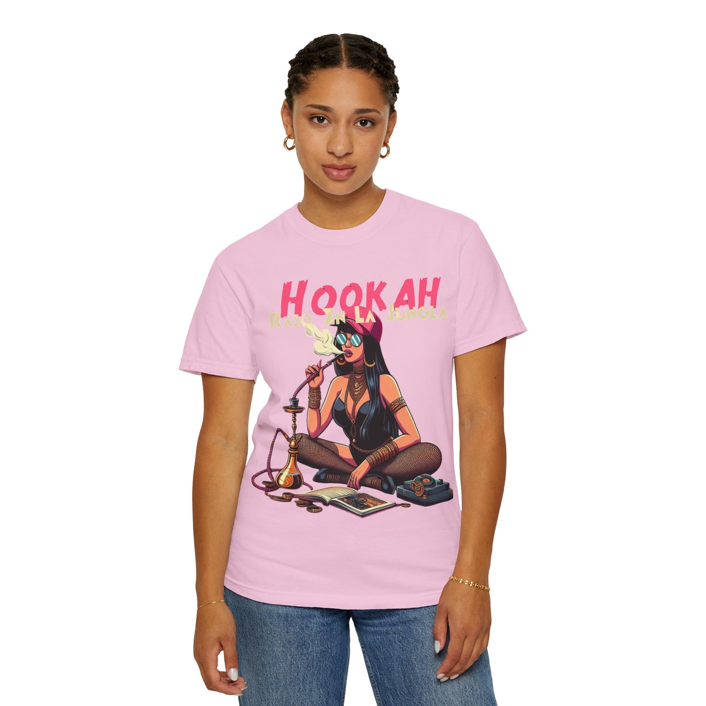 Raso En La Jungla Hookah Vibes Unisex Garment-Dyed T-Shirt, Music Lovers Tee, Chill Wear, Party Shirt, Unique Gift, Bohemian Style, Black Painscape Music Logo on back.