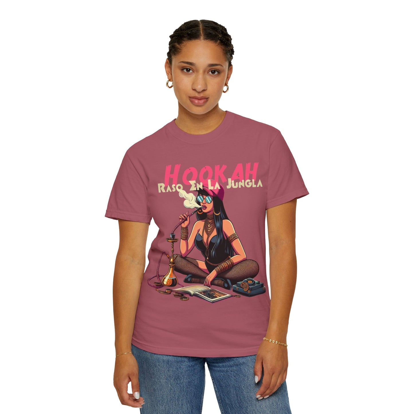Raso En La Jungla Hookah Vibes Unisex Garment-Dyed T-Shirt, Music Lovers Tee, Chill Wear, Party Shirt, Unique Gift, Bohemian Style, Black Painscape Music Logo on back.